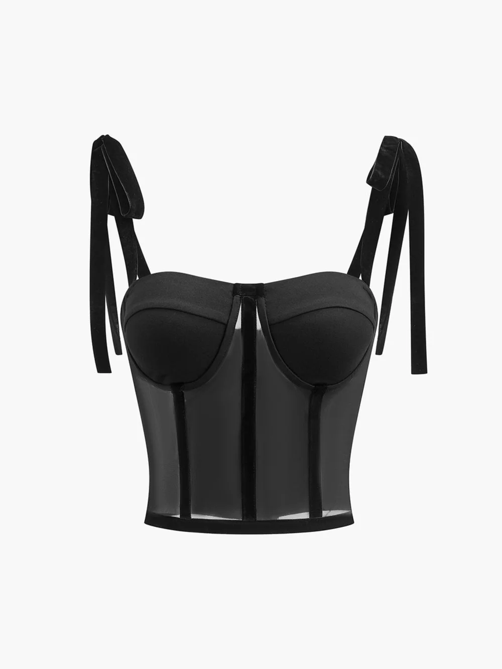 Commense Black Sheer Corset Top with Tie Shoulder Straps - Picture 2 of 5